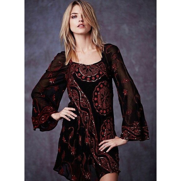 Free People Dresses & Skirts - Free People Dress Size 4 Black Red Sequins Sheer Festival Gipsy Boho Georgette